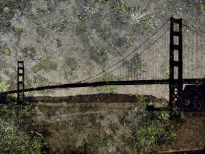 Abelardo Morell. Tent Camera Image on Ground -- View of the Golden Gate Bridge from Battery Yates, 2012. Courtesy of the artist and Edwynn Houk Gallery, New York. ©Abelardo Morell, courtesy of Edwynn Houk Gallery, New York.